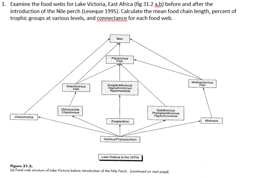 1. Examine the food webs for Lake Victoria, East Africa (fig 31.2 a,b) before and after the
introduction of the Nile perch (Leveque 1995). Calculate the mean food chain length, percent of
trophic groups at various levels, and connectance for each food web.
Oreochromis
Insectivorous
Fish
Chironomids
Chaoborous
Man
Piscivorous
Fish
Zooplanktivorous
Haplochromines
Rastrineobola
Zooplankton
Detritus/Phytoplankton
Lake Victoria in the 1970s
Detritivorous
Phytoplanktivorous
Haplochromines
Figure 31.2.
(a) Food web structure of Lake Victoria before introduction of the Nile Perch. [continued on next page)
Molluscivorous
Fish
Molluscs