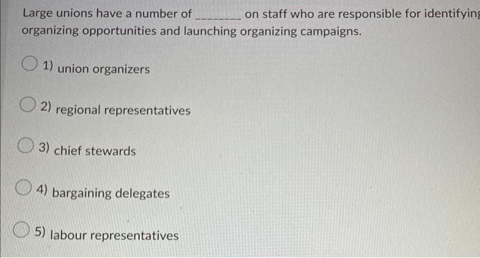 Large unions have a number of
organizing opportunities and launching organizing campaigns.
1) union organizers
2) regional representatives
3) chief stewards
4) bargaining delegates
5) labour representatives
on staff who are responsible for identifying
