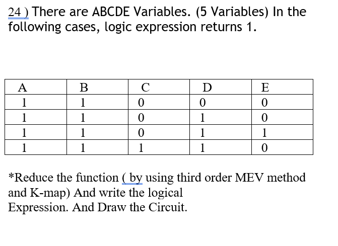 24 ) There are ABCDE Variables. (5 Variables) In the
following cases, logic expression returns 1.
A
B
C
D
E
1
1
1
1
1
1
1
1
1
1
1
1
1
*Reduce the function ( by using third order MEV method
and K-map) And write the logical
Expression. And Draw the Circuit.
