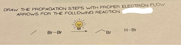 DRAW THE PROPAGATION STEPS WITH PROPER ELECTRON FLOW
ARROWS FOR THE FOLLOWING REACTION.
Br-Br
Br
H-Br