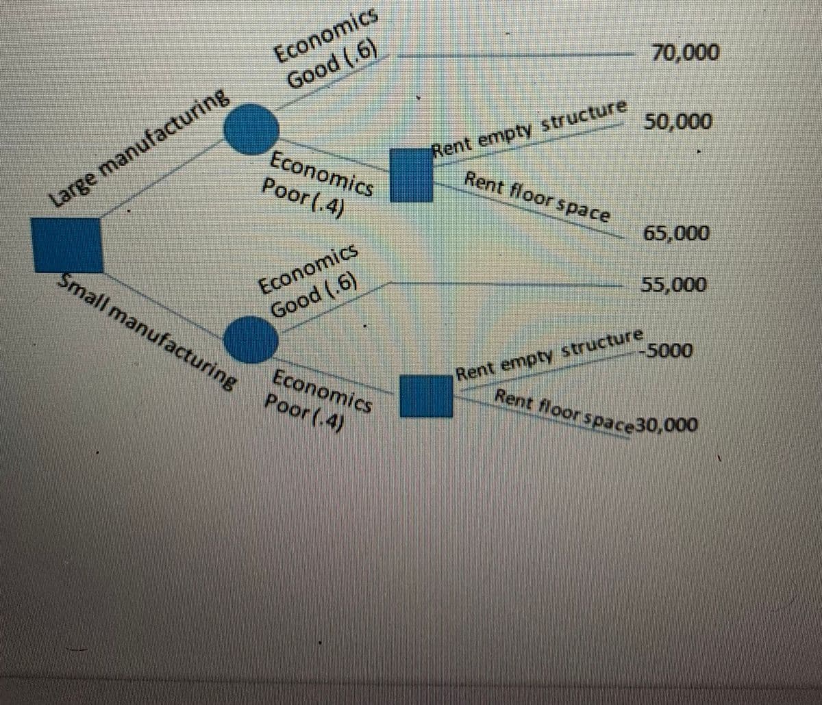 Large manufacturing
Small manufacturing
Economics
Good (.6)
Economics
Poor (.4)
Economics
Good (.6)
Economics
Poor (.4)
Rent empty structure
Rent floor space
70,000
50,000
65,000
55,000
--5000
Rent empty structure
Rent floor space30,000