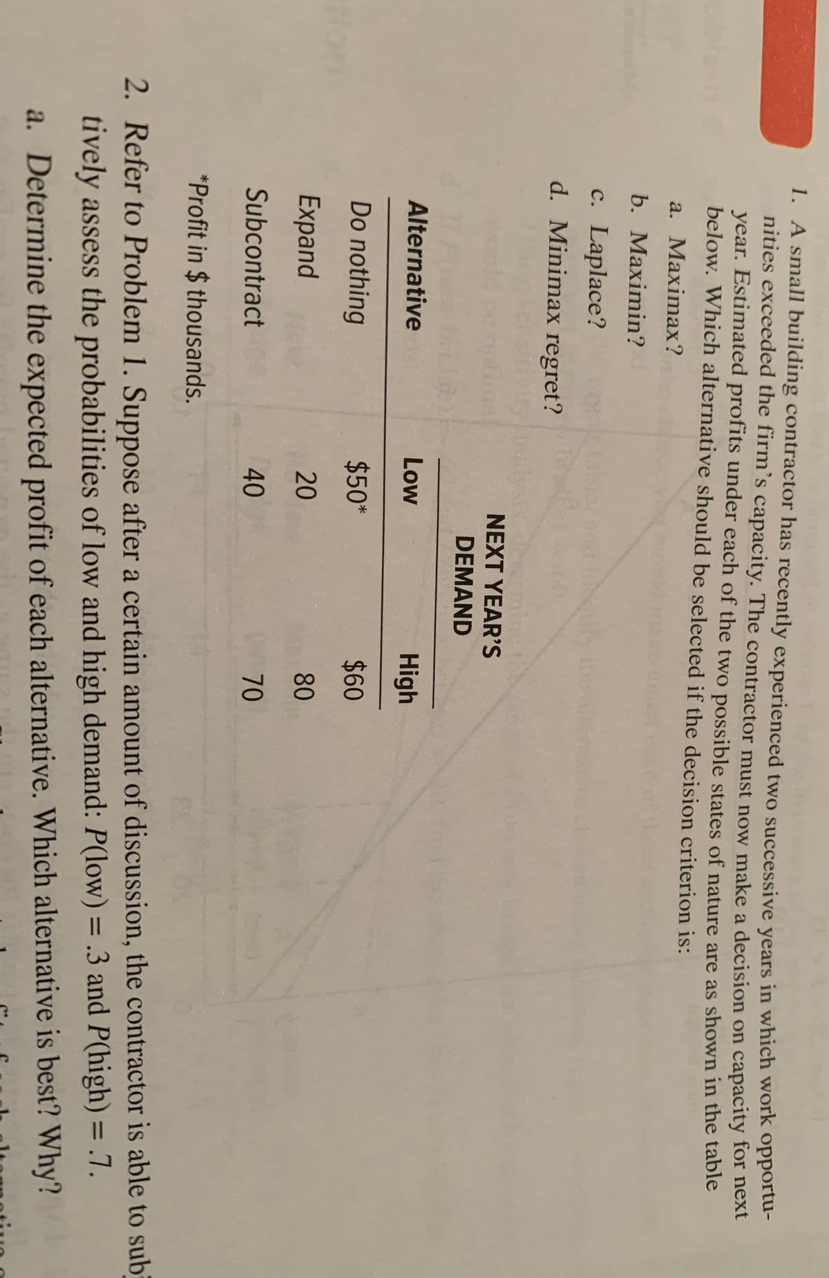 1. A small building contractor has recently experienced two successive years in which work opportu-
nities exceeded the firm's capacity. The contractor must now make a decision on capacity for next
year. Estimated profits under each of the two possible states of nature are as shown in the table
below. Which alternative should be selected if the decision criterion is:
a. Маximaх?
b. Maximin?
c. Laplace?
d. Minimax regret?
NEXT YEAR'S
DEMAND
Alternative
Low
High
Do nothing
$50*
$60
flon
Expand
20
80
Subcontract
40
70
*Profit in $ thousands.
2. Refer to Problem 1. Suppose after a certain amount of discussion, the contractor is able to sub
%3D
tively assess the probabilities of low and high demand: P(low) = .3 and P(high) = .7.
a. Determine the expected profit of each alternative. Which alternative is best? Why?
