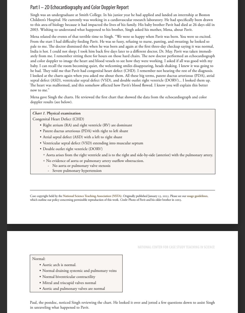 Part 1-2D Echocardiography and Color Doppler Report
Singh was an undergraduate at Smith College. In his junior year he had applied and landed an internship at Boston
Children's Hospital. He currently was working in a cardiovascular research laboratory. He had specifically been drawn
to this area of biology because it had impacted the lives of his family. His baby brother Pavit had died at 26 days old in
2003. Wishing to understand what happened to his brother, Singh asked his mother, Mena, about Pavit.
Mena related the events of that terrible time to Singh. "We were so happy when Pavit was born. You were so excited.
From the start I had difficulty feeding Pavit. He was so fussy, refusing to nurse, panting, and sweating; he looked so
pale to me. The doctor dismissed this when he was born and again at the first three-day checkup saying it was normal,
India is hot. I could not sleep; I took him back five days later to a different doctor, Dr. May. Pavit was taken immedi-
ately from me. I remember sitting there for hours on those hard chairs. The new doctor performed an echocardiograph
and color doppler to image the heart and blood vessels to see how they were working. I asked if all was good with my
baby. I can recall the room becoming quiet, the welcoming smiles disappearing, heads shaking. I knew it was going to
be bad. They told me that Pavit had congenital heart defect (CHD). I remember not hearing the rest of the diagnosis.
I looked at the charts again when you asked me about them. All these big terms, patent ductus arteriosus (PDA), atrial
septal defect (ASD), ventricular septal defect (VSD), and double outlet right ventricle (DORV)... I looked them up.
The heart was malformed, and this somehow affected how Pavir's blood flowed. I know you will explain this better
now to me."
Mena gave Singh the charts. He reviewed the first chart that showed the data from the echocardiograph and color
doppler results (see below).
Chart 1. Physical examination
Congenital Heart Defect (CHD)
•
Right atrium (RA) and right ventricle (RV) are dominant
⚫ Patent ductus arteriosus (PDA) with right to left shunt
Atrial septal defect (ASD) with a left to right shunt
• Ventricular septal defect (VSD) extending into muscular septum
.
Double outlet right ventricle (DORV)
• Aorta arises from the right ventricle and is to the right and side-by-side (anterior) with the pulmonary artery.
• No evidence of aorta or pulmonary artery outflow obstruction.
No aorta or pulmonary valve stenosis
Severe pulmonary hypertension
Case copyright held by the National Science Teaching Association (NSTA). Originally published January 23, 2023. Please see our usage guidelines,
which outline our policy concering permissible reproduction of this work. Credit: Photo of Pavit and his older brother in 2003.
NATIONAL CENTER FOR CASE STUDY TEACHING IN SCIENCE
Normal:
Aortic arch is normal.
⚫Normal draining systemic and pulmonary veins
• Normal biventricular contractility
•Mitral and triscupid valves normal
• Aortic and pulmonary valves are normal
Paul, the postdoc, noticed Singh reviewing the chart. He looked it over and jotted a few questions down to assist Singh
in unraveling what happened to Pavit.