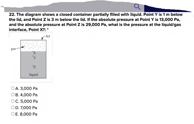 22. The diagram shows a closed container partially filled with liquid. Point Y is 1 m below
the lid, and Point Z is 3 m below the lid. If the absolute pressure at Point Y is 13,000 Pa,
and the absolute pressure at Point Z is 29,000 Pa, what is the pressure at the liquid/gas
interface, Point X?: *
-lid
gas-
"Z
liquid
OA. 3,000 Pa
OB. 4,000 Pa
OC. 5,000 Pa
OD. 7,000 Pa
OE. 8,000 Pa