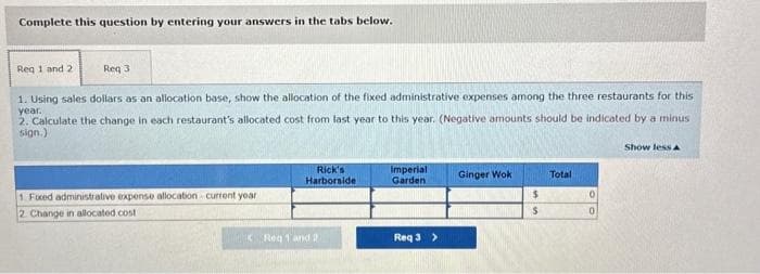 Complete this question by entering your answers in the tabs below.
Req 1 and 2
Req 3
1. Using sales dollars as an allocation base, show the allocation of the fixed administrative expenses among the three restaurants for this
year.
2. Calculate the change in each restaurant's allocated cost from last year to this year. (Negative amounts should be indicated by a minus
sign.)
1. Fixed administrative expense allocation current year
2. Change in allocated cost
Rick's
Harborside
Reg 1 and 2
Imperial
Garden
Req 3 >
Ginger Wok
$
$
Total
0
0
Show less A