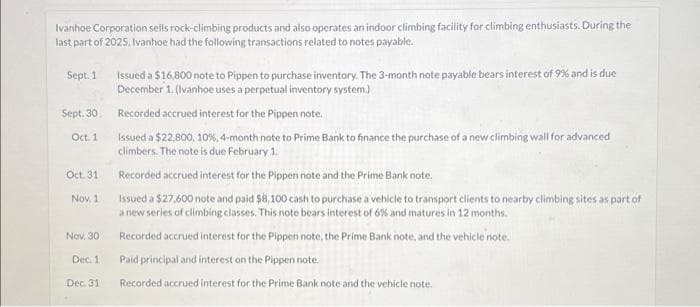 Ivanhoe Corporation sells rock-climbing products and also operates an indoor climbing facility for climbing enthusiasts. During the
last part of 2025, Ivanhoe had the following transactions related to notes payable.
Sept. 1
Sept. 30
Oct. 1
Oct. 31
Nov, 1
Nov. 30
Dec. 1
Dec. 31
Issued a $16,800 note to Pippen to purchase inventory. The 3-month note payable bears interest of 9% and is due
December 1. (Ivanhoe uses a perpetual inventory system.)
Recorded accrued interest for the Pippen note.
Issued a $22,800, 10%, 4-month note to Prime Bank to finance the purchase of a new climbing wall for advanced
climbers. The note is due February 1.
Recorded accrued interest for the Pippen note and the Prime Bank note.
Issued a $27,600 note and paid $8,100 cash to purchase a vehicle to transport clients to nearby climbing sites as part of
a new series of climbing classes. This note bears interest of 6% and matures in 12 months.
Recorded accrued interest for the Pippen note, the Prime Bank note, and the vehicle note.
Paid principal and interest on the Pippen note.
Recorded accrued interest for the Prime Bank note and the vehicle note.