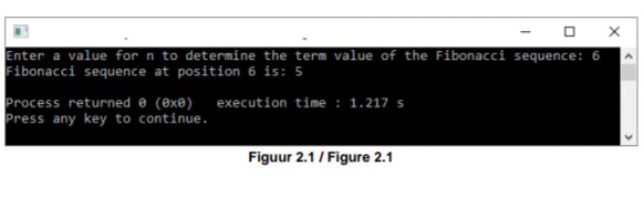 Enter a value for n to determine the term value of the Fibonacci sequence: 6
Fibonacci sequence at position 6 is: 5
Process returned e (@xe) execution time : 1.217 s
Press any key to continue.
Figuur 2.1 / Figure 2.1
