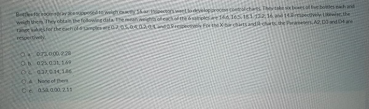 Bottles for room spray are supposed to weigh exactly 16 oz. Inspectors want to develop process control charts. They take six boxes of five bottles each and
weigh them. They obtain the following data. The mean weights of each of the 6 samples are 14.6, 16.5, 18.1, 13.2, 16, and 14.8 respectively. Likewise, the
range values for the each of 6 samples are 0.7, 0.5,0.4, 0.2, 0.4, and 0.9 respectively. For the X-bar charts and R-charts, the Parameters, A2, D3 and D4 are
respectively.
O a. 0.73, 0.00, 2.28
O b. 0.25, 0.31, 1.69
Oc. 0.37,0.14, 1.86
O d. None of them
O e. 0.58,0.00, 2.11
