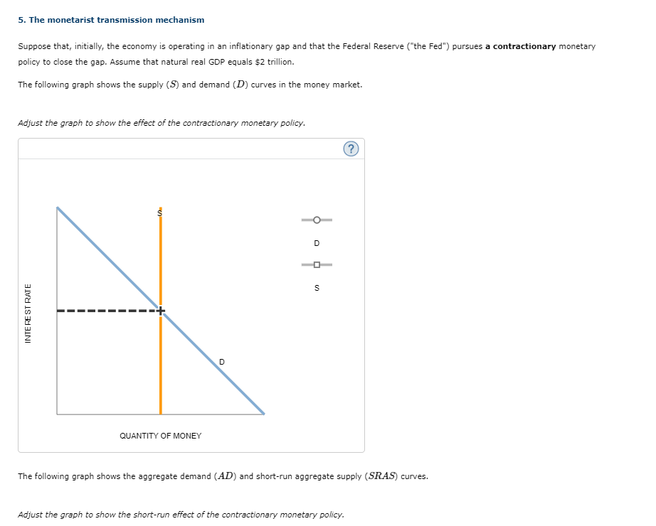 5. The monetarist transmission mechanism
Suppose that, initially, the economy is operating in an inflationary gap and that the Federal Reserve ("the Fed") pursues a contractionary monetary
policy to close the gap. Assume that natural real GDP equals $2 trillion.
The following graph shows the supply (S) and demand (D) curves in the money market.
Adjust the graph to show the effect of the contractionary monetary policy.
INTEREST RATE
M
QUANTITY OF MONEY
D
D
þ.
S
The following graph shows the aggregate demand (AD) and short-run aggregate supply (SRAS) curves.
Adjust the graph to show the short-run effect of the contractionary monetary policy.