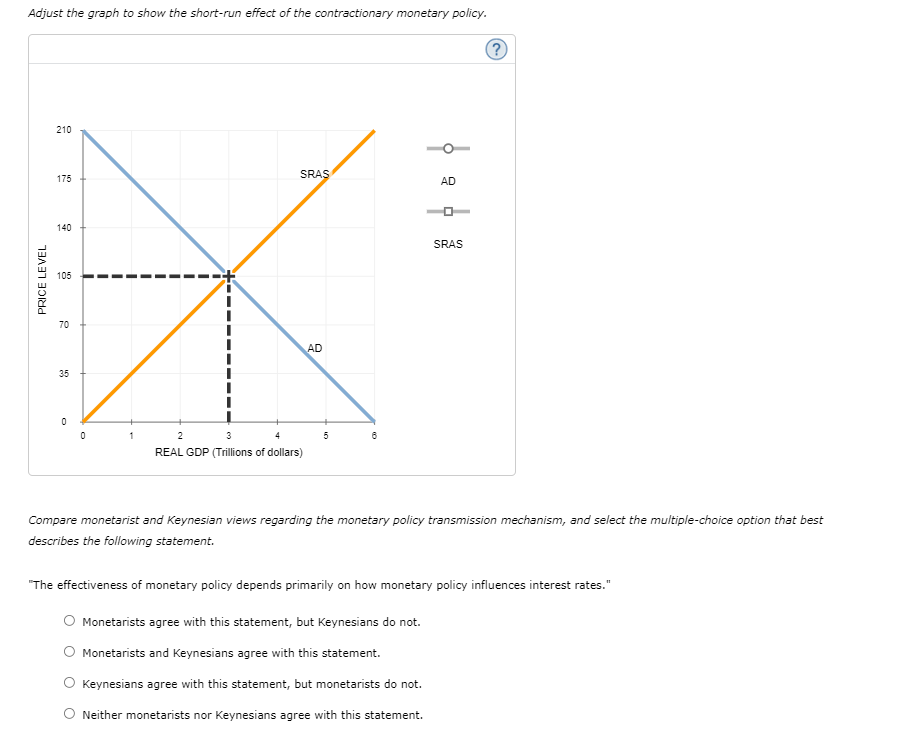 Adjust the graph to show the short-run effect of the contractionary monetary policy.
PRICE LEVEL
210
175
140
105
70
35
0
0
1
SRAS
2
3
REAL GDP (Trillions of dollars)
AD
5
6
AD
D
SRAS
(?)
Compare monetarist and Keynesian views regarding the monetary policy transmission mechanism, and select the multiple-choice option that best
describes the following statement.
"The effectiveness of monetary policy depends primarily on how monetary policy influences interest rates."
Monetarists agree with this statement, but Keynesians do not.
Monetarists and Keynesians agree with this statement.
Keynesians agree with this statement, but monetarists do not.
O Neither monetarists nor Keynesians agree with this statement.