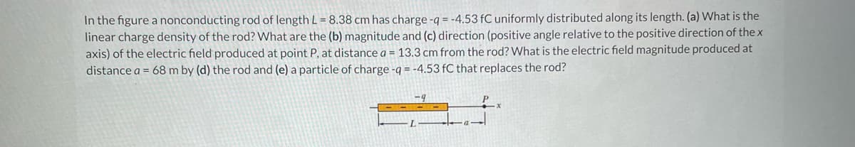 In the figure a nonconducting rod of length L = 8.38 cm has charge -q = -4.53 fC uniformly distributed along its length. (a) What is the
linear charge density of the rod? What are the (b) magnitude and (c) direction (positive angle relative to the positive direction of the x
axis) of the electric field produced at point P, at distance a = 13.3 cm from the rod? What is the electric field magnitude produced at
distance a = 68 m by (d) the rod and (e) a particle of charge -q = -4.53 fC that replaces the rod?