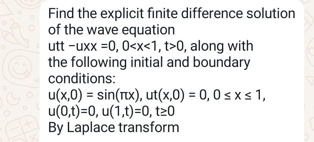 0
Find the explicit finite difference solution
of the wave equation
utt -uxx =0, 0<x<1, t>0, along with
the following initial and boundary
conditions:
u(x,0)=sin(x), ut(x,0) = 0, 0 ≤ x ≤ 1,
u(0,t)=0, u(1,t)=0, t≥0
By Laplace transform