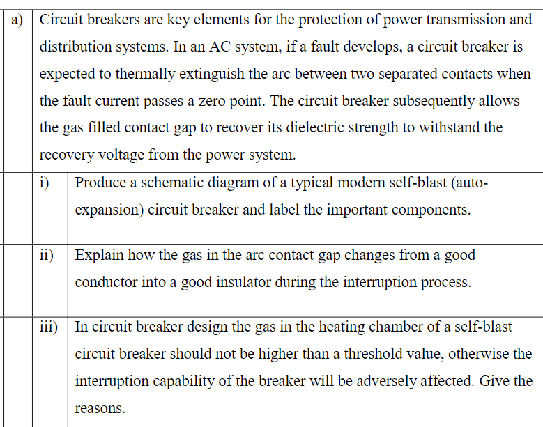 Circuit breakers are key elements for the protection of power transmission and
distribution systems. In an AC system, if a fault develops, a circuit breaker is
expected to thermally extinguish the arc between two separated contacts when
the fault current passes a zero point. The circuit breaker subsequently allows
the gas filled contact gap to recover its dielectric strength to withstand the
recovery voltage from the power system.
i)
Produce a schematic diagram of a typical modern self-blast (auto-
expansion) circuit breaker and label the important components.
ii)
Explain how the gas in the arc contact gap changes from a good
conductor into a good insulator during the interruption process.
In circuit breaker design the gas in the heating chamber of a self-blast
circuit breaker should not be higher than a threshold value, otherwise the
interruption capability of the breaker will be adversely affected. Give the
reasons.