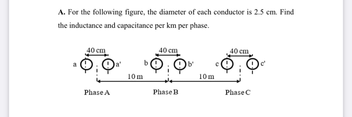 A. For the following figure, the diameter of each conductor is 2.5 cm. Find
the inductance and capacitance per km per phase.
40 cm
40 cm
40 cm
a
a'
b
b'
10 m
10 m
Phase A
Phase B
Phase C
