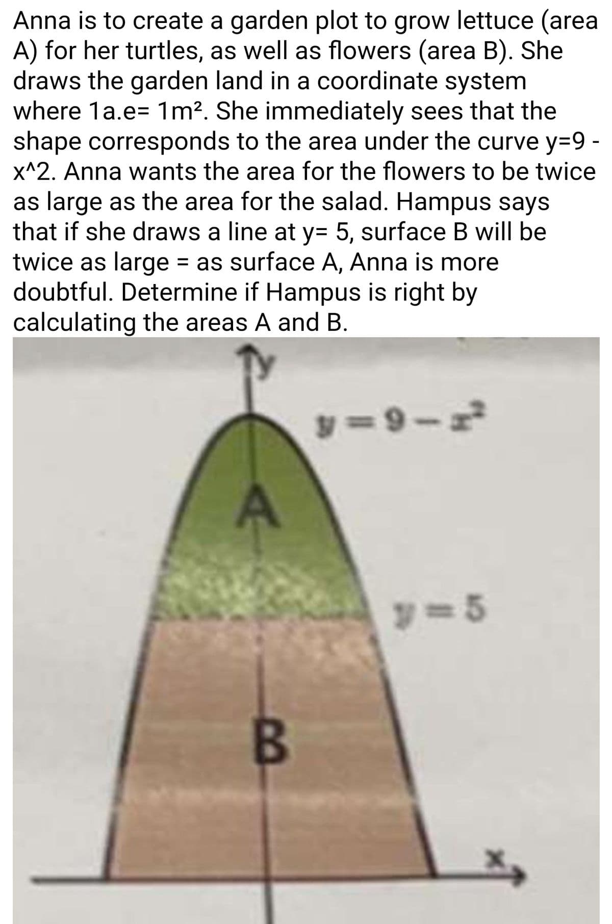 Anna is to create a garden plot to grow lettuce (area
A) for her turtles, as well as flowers (area B). She
draws the garden land in a coordinate system
where 1a.e= 1m². She immediately sees that the
shape corresponds to the area under the curve y=9 -
x^2. Anna wants the area for the flowers to be twice
as large as the area for the salad. Hampus says
that if she draws a line at y= 5, surface B will be
twice as large = as surface A, Anna is more
doubtful. Determine if Hampus is right by
calculating the areas A and B.
A
B