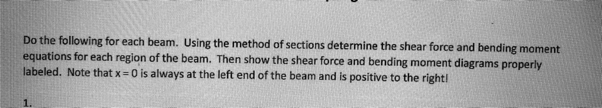 Do the following for each beam. Using the method of sections determine the shear force and bending moment
equations for each region of the beam. Then show the shear force and bending moment diagrams properly
labeled. Note that x 0 is always at the left end of the beam and is positive to the right!
1.
