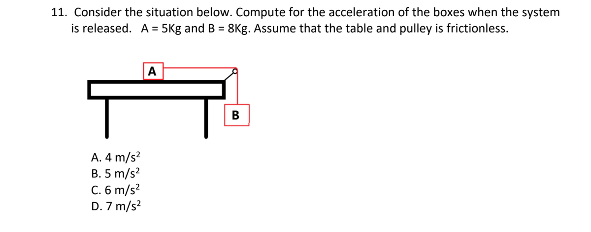 11. Consider the situation below. Compute for the acceleration of the boxes when the system
is released. A = 5Kg and B = 8Kg. Assume that the table and pulley is frictionless.
%3D
A
B
A. 4 m/s?
B. 5 m/s?
C. 6 m/s?
D. 7 m/s?
