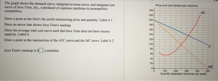 The graph shows the demand curve, marginal revenue curve, and marginal cost
curve of Java Time, Inc., a producer of espresso machines in monopolistic
competition.
Draw a point at the firm's the profit-maximizing price and quantity. Label it 1.
Draw an arrow that shows Java Time's markup.
Draw the average total cost curve such that Java Time does not have excess
capacity. Label it.
Draw a point at the intersection of the ATC curve and the MC curve. Label it 2.
Java Time's markup is $a machine.
240
220-
200-
180-
160-
140
120-
100-
80-
60-
40-
20-
04
0
Price and cost (dollars per machine)
MC
100
200 300 400
Quantity (espresso machines per week)
D
MR
500