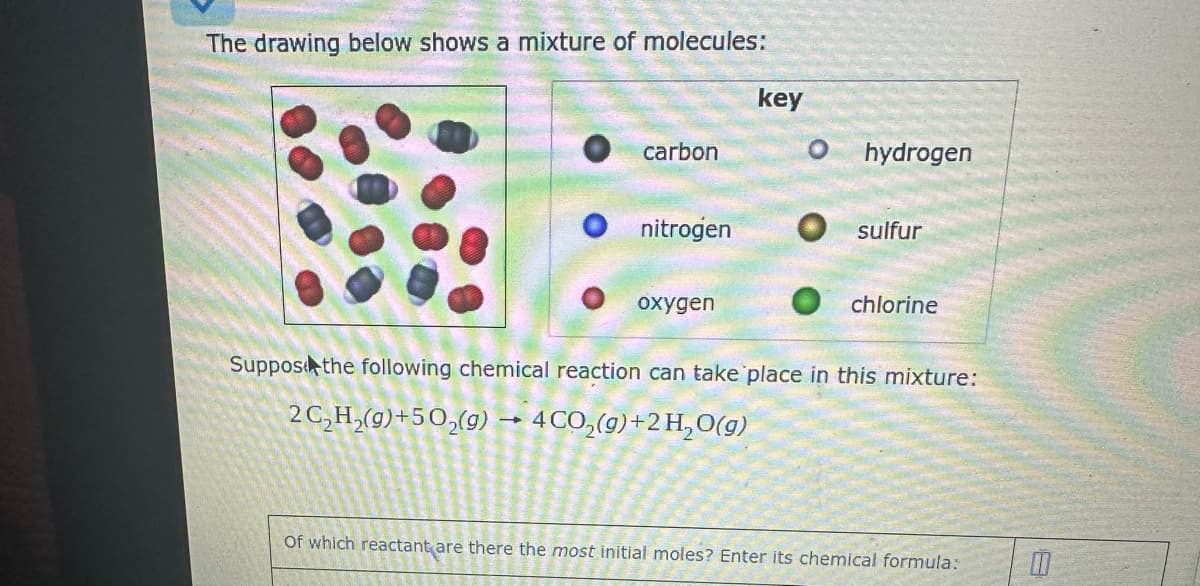 The drawing below shows a mixture of molecules:
carbon
nitrogen
oxygen
key
O hydrogen
sulfur
chlorine
Suppose the following chemical reaction can take place in this mixture:
2C₂H₂(g) +50₂(g) → 4CO₂(g) + 2 H₂O(g)
Of which reactant are there the most initial moles? Enter its chemical formula: