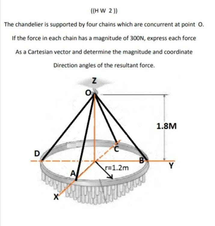 ((H W 2 ))
The chandelier is supported by four chains which are concurrent at point O.
If the force in each chain has a magnitude of 300N, express each force
As a Cartesian vector and determine the magnitude and coordinate
Direction angles of the resultant force.
1.8M
D
r%31.2m
Y
X
