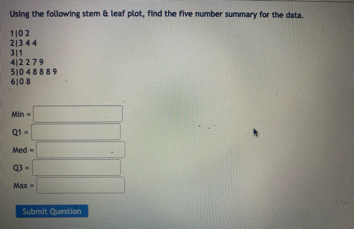 Using the following stem & leaf plot, find the five number summary for the data.
1102
21344
311
412279
51048889
6108
Min =
Q1 =
Med =
Q3 =
Max =
Submit Question