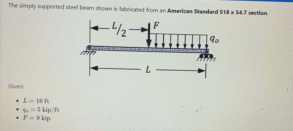 The simply supported steel beam shown is fabricated from an American Standard S18 x 54.7 section.
F
-4/2-
Hmm
Given:
• L = 16 ft
• 9。 = 5 kip/ft
♦ F = 9 kip
L
qo
TII
/7777
1