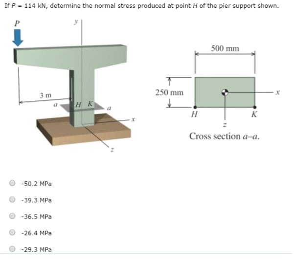 If P = 114 kN, determine the normal stress produced at point H of the pier support shown.
P
3m
-50.2 MPa
-39.3 MPa
-36.5 MPa
-26.4 MPa
-29.3 MPa
HK
250 mm
H
500 mm
K
Cross section a-a.
X