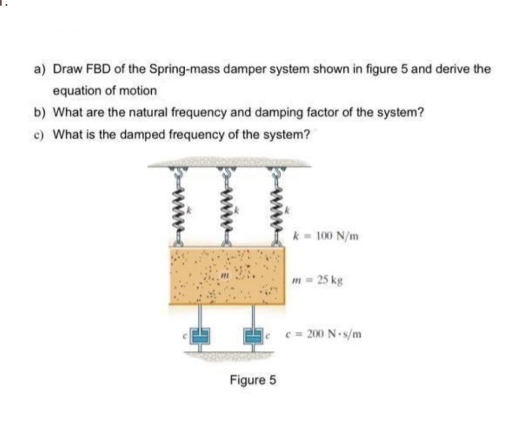 a) Draw FBD of the Spring-mass damper system shown in figure 5 and derive the
equation of motion
b) What are the natural frequency and damping factor of the system?
c) What is the damped frequency of the system?
Figure 5
k = 100 N/m
m = 25 kg
C=
200 N-s/m