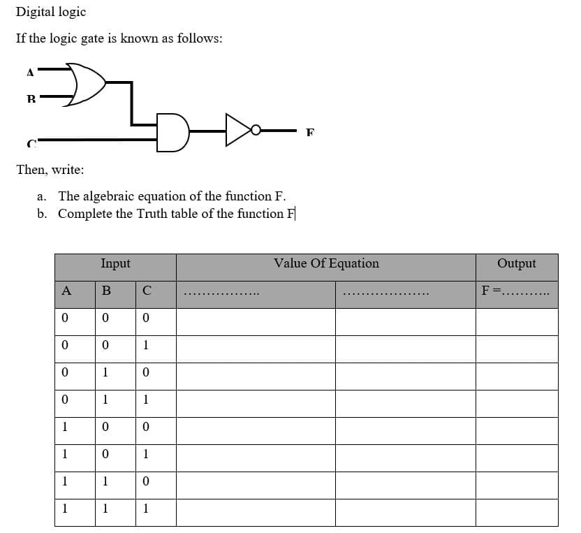 Digital logic
If the logic gate is known as follows:
=
B
D
Then, write:
a. The algebraic equation of the function F.
Complete the Truth table of the function F
b.
A
0
0
0
0
1
1
1
1
Input
B
0
0
1
1
0
0
1
1
C
0
1
0
1
0
1
0
1
-
F
Value Of Equation
Output
F =.
..........