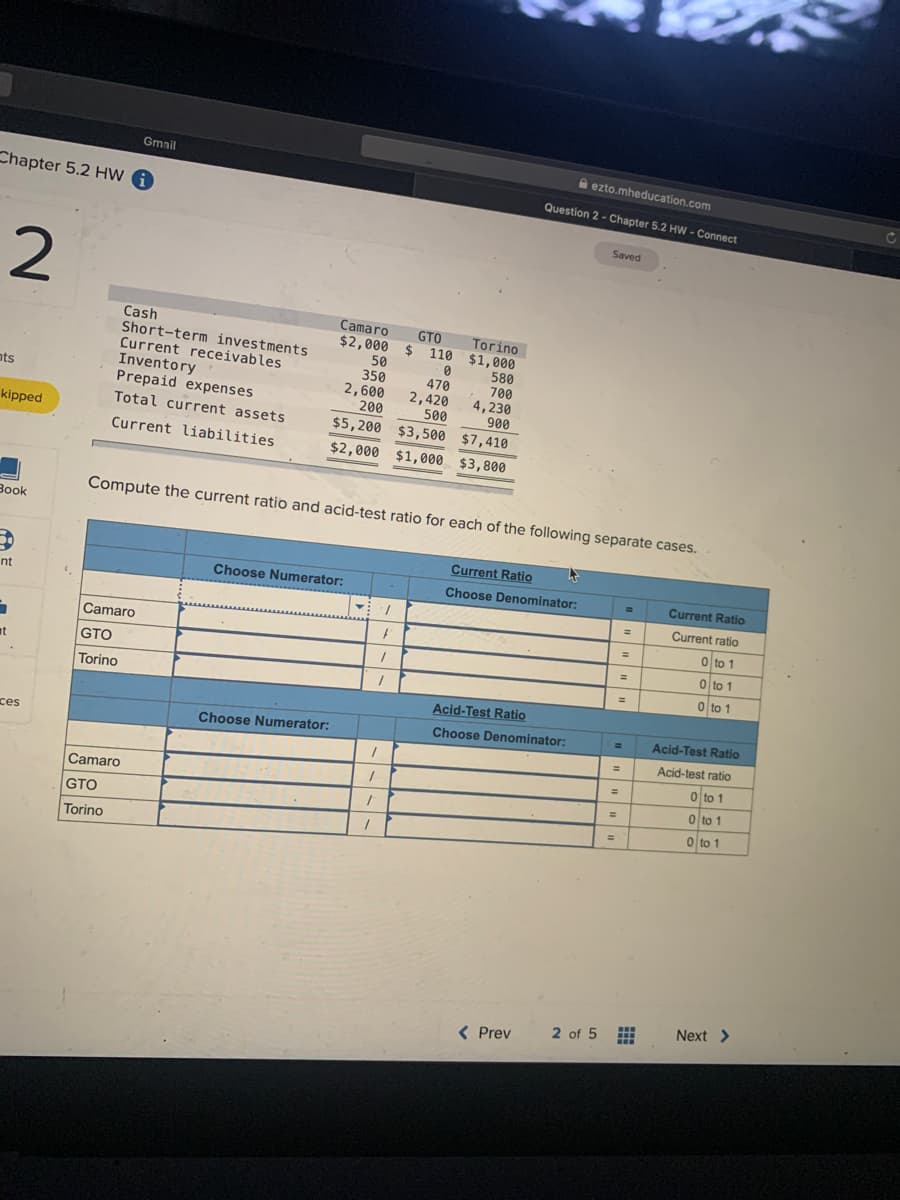 Gmail
A ezto.mheducation.com
Chapter 5.2 HW
Question 2 - Chapter 5.2 HW - Connect
Saved
2
Camaro
Cash
Short-term investments
Current receivables
Inventory
Prepaid expenses
GTO
110 $1,000
Torino
$2,000
%24
50
350
2,600
200
580
470
2,420
500
$5,200 $3,500 $7,410
700
4,230
900
nts
Total current assets
kipped
Current liabilities
$2,000 $1,000 $3,800
Compute the current ratio and acid-test ratio for each of the following separate cases.
Воok
Current Ratio
Choose Numerator:
Choose Denominator:
Current Ratio
nt
Current ratio
%3D
Camaro
0 to 1
%3D
GTO
/
이 to 1
%3D
at
0 to 1
%3D
Torino
Acid-Test Ratio
Choose Denominator:
Acid-Test Ratio
ces
Choose Numerator:
%3D
Acid-test ratio
o to 1
%3D
Camaro
0 to 1
GTO
0 to 1
%3D
Torino
2 of 5
Next >
< Prev
