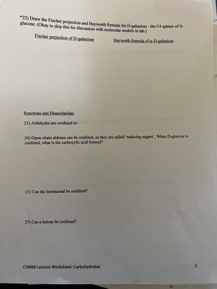 *22) Draw the Fischer projection and Hayworth formula for D-galactose - the C4 epimer of D-
glucose. (Okay to skip this for discussion with molecular models in lab.)
Fischer projection of D-galactose
Hayworth formula of a-D-galactose
Reactions and Disaccharides
23) Aldehydes are oxidized to:
24) Open-chain aldoses can be oxidized, so they are called 'reducing sugars'. When D-glucose is
oxidized, what is the carboxylic acid formed?
25) Can the hemiacetal be oxidized?
25) Can a ketose be oxidized?
CHM60 Lecture Worksheet: Carbohydrates
J
5
2