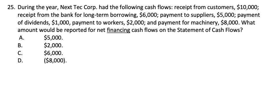 25. During the year, Next Tec Corp. had the following cash flows: receipt from customers, $10,000;
receipt from the bank for long-term borrowing, $6,000; payment to suppliers, $5,000; payment
of dividends, $1,000, payment to workers, $2,000; and payment for machinery, $8,000. What
amount would be reported for net financing cash flows on the Statement of Cash Flows?
A.
B.
C.
D.
$5,000.
$2,000.
$6,000.
($8,000).