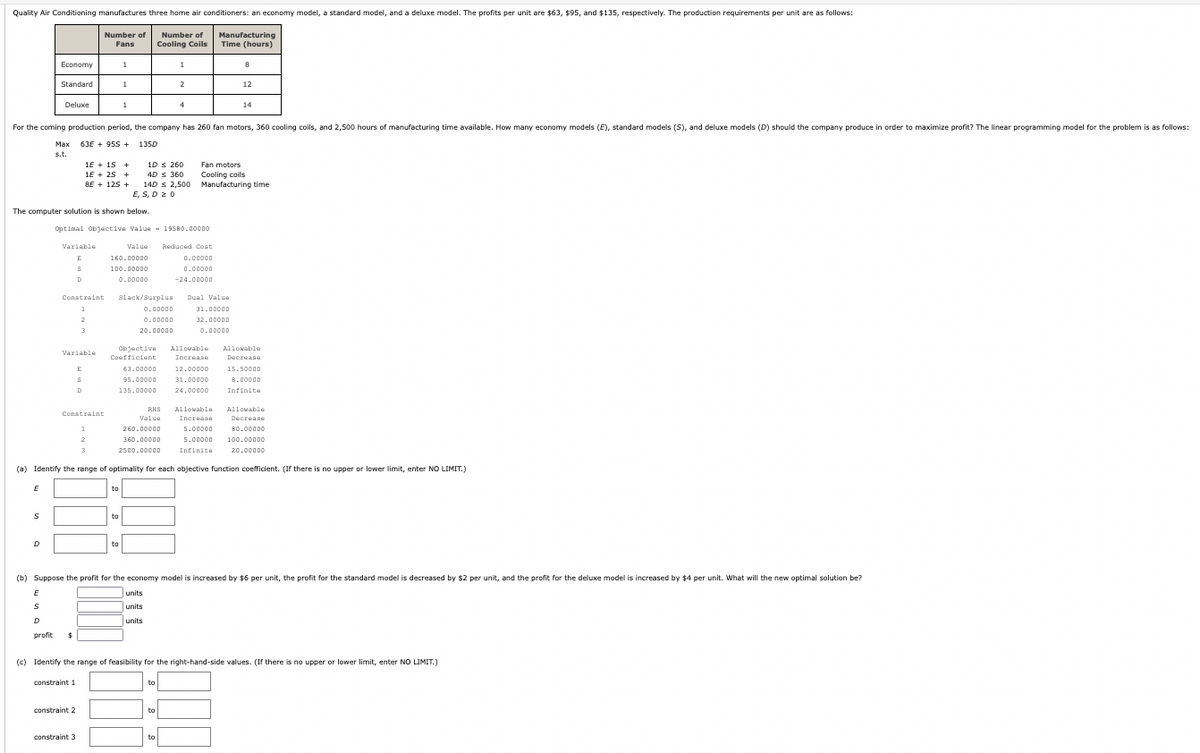 Quality Air Conditioning manufactures three home air conditioners: an economy model, a standard model, and a deluxe model. The profits per unit are $63, $95, and $135, respectively. The production requirements per unit are as follows:
Number of
Cooling Coils
Economy
Standard
E
Deluxe
S
D
Max
s.t.
Variable
E
S
D
The computer solution is shown below.
Constraint
1
2
3
Variable
Number of
Fans
For the coming production period, the company has 260 fan motors, 360 cooling coils, and 2,500 hours of manufacturing time available. How many economy models (E), standard models (S), and deluxe models (D) should the company produce in order to maximize profit? The linear programming model for the problem is as follows:
63E+ 955 + 1350
1E + 15 +
1E + 25 +
BE 125 +
E
S
D
Constraint
constraint 1
constraint 2
1
2
3
constraint 3
1
Optimal Objective Value 19580.00000
1
1
E, S, D 20
Value
160.00000
100.00000
0.00000
to
to
to
1D ≤ 260
4D ≤ 360
=
14D 2,500
≤
slack/Surplus
63.00000
95.00000
135.00000
0.00000
0.00000
20.00000
RHS
Value
260.00000
360.00000
2500.00000
1
2
4
units
units
units
(a) Identify the range of optimality for each objective function coefficient. (If there is no upper or lower limit, enter NO LIMIT.)
Reduced Cost
0.00000
0.00000
-24.00000
Objective Allowable Allowable
Coefficient
Increase
Decrease
12.00000
31.00000
24.00000
to
Manufacturing
Time (hours)
to
8
12
Fan motors
Cooling coils
Manufacturing time
Dual Value
31.00000
32.00000
0.00000
14
(b) Suppose the profit for the economy model is increased by $6 per unit, the profit for the standard model is decreased by $2 per unit, and the profit for the deluxe model is increased by $4 per unit. What will the new optimal solution be?
E
S
D
profit $
(c) Identify the range of feasibility for the right-hand-side values. (If there is no upper or lower limit, enter NO LIMIT.)
15.50000
8.00000
Infinite
Allowable Allowable
Increase
Decrease
5.00000
80.00000
5.00000 100.00000
20.00000
Infinite
