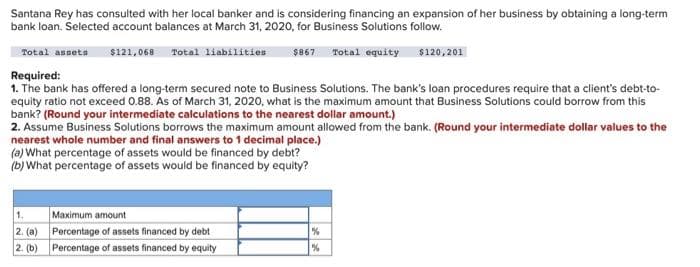 Santana Rey has consulted with her local banker and is considering financing an expansion of her business by obtaining a long-term
bank loan. Selected account balances at March 31, 2020, for Business Solutions follow.
Total assets $121,068 Total liabilities $867 Total equity $120, 201
Required:
1. The bank has offered a long-term secured note to Business Solutions. The bank's loan procedures require that a client's debt-to-
equity ratio not exceed 0.88. As of March 31, 2020, what is the maximum amount that Business Solutions could borrow from this
bank? (Round your intermediate calculations to the nearest dollar amount.)
2. Assume Business Solutions borrows the maximum amount allowed from the bank. (Round your intermediate dollar values to the
nearest whole number and final answers to 1 decimal place.)
(a) What percentage of assets would be financed by debt?
(b) What percentage of assets would be financed by equity?
1.
2.
2. (b)
(a)
Maximum amount
Percentage of assets financed by debt
Percentage of assets financed by equity
%
%