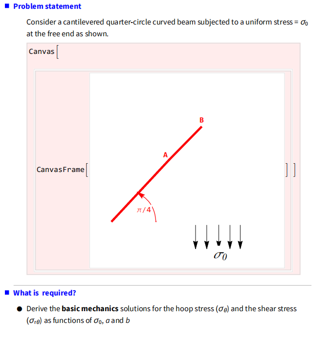 ■Problem statement
Consider a cantilevered quarter-circle curved beam subjected to a uniform stress = σo
at the free end as shown.
Canvas
A
Canvas Frame
B
σο
■What is required?
Derive the basic mechanics solutions for the hoop stress (σe) and the shear stress
(Ore) as functions of σo, a and b