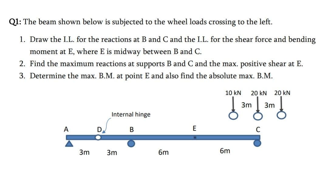 Q1: The beam shown below is subjected to the wheel loads crossing to the left.
1. Draw the I.L. for the reactions at B and C and the I.L. for the shear force and bending
moment at E, where E is midway between B and C.
2. Find the maximum reactions at supports B and C and the max. positive shear at E.
3. Determine the max. B.M. at point E and also find the absolute max. B.M.
A
3m
D
Internal hinge
3m
B
6m
E
10 kN 20 kN 20 kN
£ ³
6m
mĮmĮ
3m
3m
C