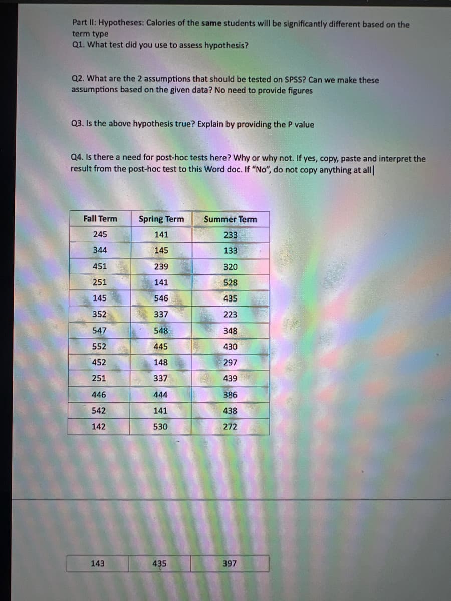 Part II: Hypotheses: Calories of the same students will be significantly different based on the
term type
Q1. What test did you use to assess hypothesis?
Q2. What are the 2 assumptions that should be tested on SPSS? Can we make these
assumptions based on the given data? No need to provide figures
Q3. Is the above hypothesis true? Explain by providing the P value
Q4. Is there a need for post-hoc tests here? Why or why not. If yes, copy, paste and interpret the
result from the post-hoc test to this Word doc. If "No", do not copy anything at all
Fall Term
245
344
451
251
145
352
547
552
452
251
446
542
142
143
Spring Term
141
145
239
141
546
337
548
445
148
337
444
141
530
435
Summer Term
233
133
320
528
435
223
348
430
297
439
386
438
272
397