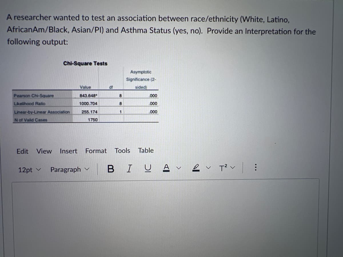 A researcher wanted to test an association between race/ethnicity (White, Latino,
AfricanAm/Black, Asian/PI) and Asthma Status (yes, no). Provide an Interpretation for the
following output:
Chi-Square Tests
Asymptotic
Significance (2-
sided)
Value
df
Pearson Chi-Square
843.648
8
.000
Likelihood Ratio
1000.704
8
.000
Linear-by-Linear Association
255.174
1
.000
N of Valid Cases
1750
View Insert Format Tools Table
Edit
12pt v
V
Paragraph
BIUA
>