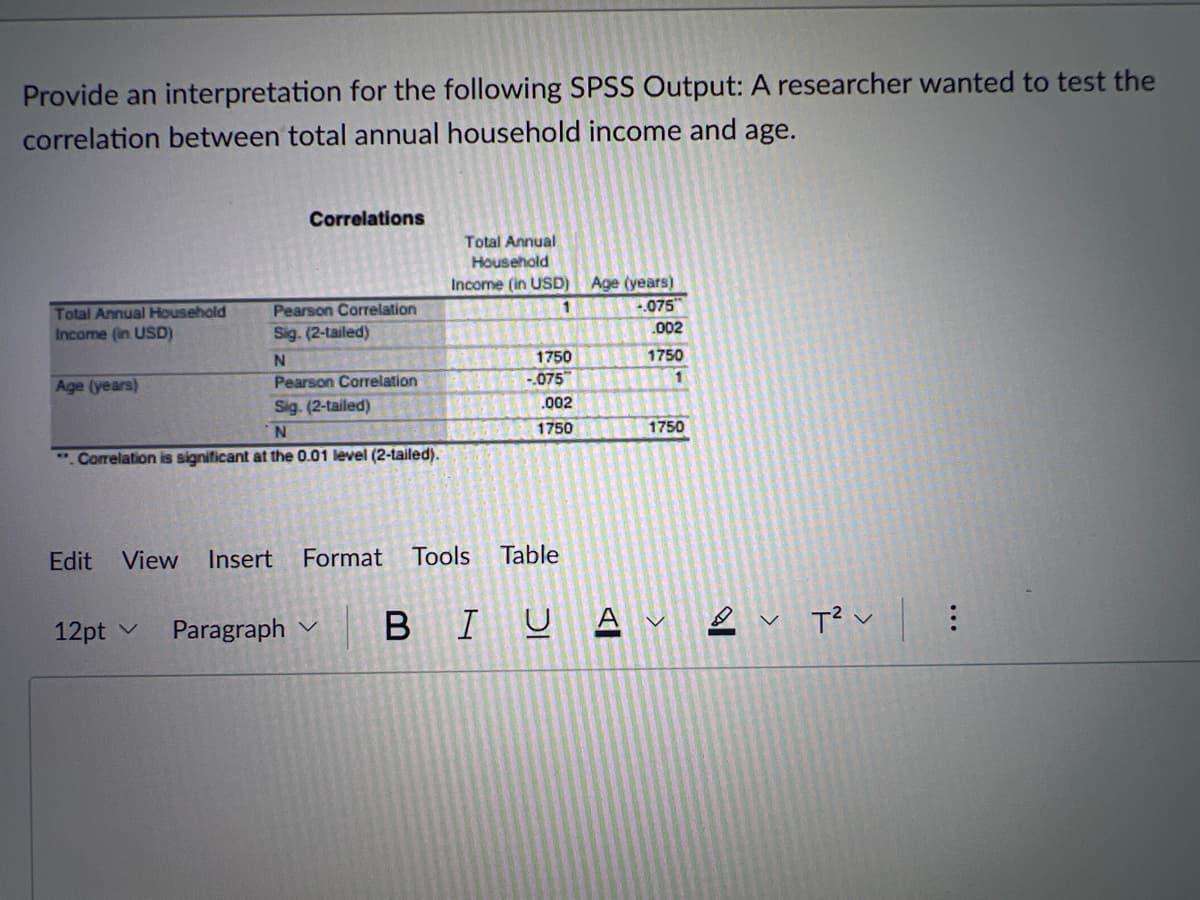 Provide an interpretation for the following SPSS Output: A researcher wanted to test the
correlation between total annual household income and age.
Total Annual Household
Income (in USD)
Age (years)
Correlations
Total Annual
Household
Income (in USD) Age (years)
Pearson Correlation
Sig. (2-tailed)
1
-.075
.002
N
1750
1750
Pearson Correlation
Sig. (2-tailed)
-.075
1
.002
N
1750
1750
"Correlation is significant at the 0.01 level (2-tailed).
Edit View Insert Format Tools Table
12pt v
Paragraph
B I U AVT²: