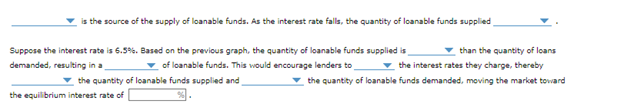 is the source of the supply of loanable funds. As the interest rate falls, the quantity of loanable funds supplied
Suppose the interest rate is 6.5%. Based on the previous graph, the quantity of loanable funds supplied is
demanded, resulting in a
of loanable funds. This would encourage lenders to
the quantity of loanable funds supplied and
the equilibrium interest rate of
than the quantity of loans
the interest rates they charge, thereby
the quantity of loanable funds demanded, moving the market toward