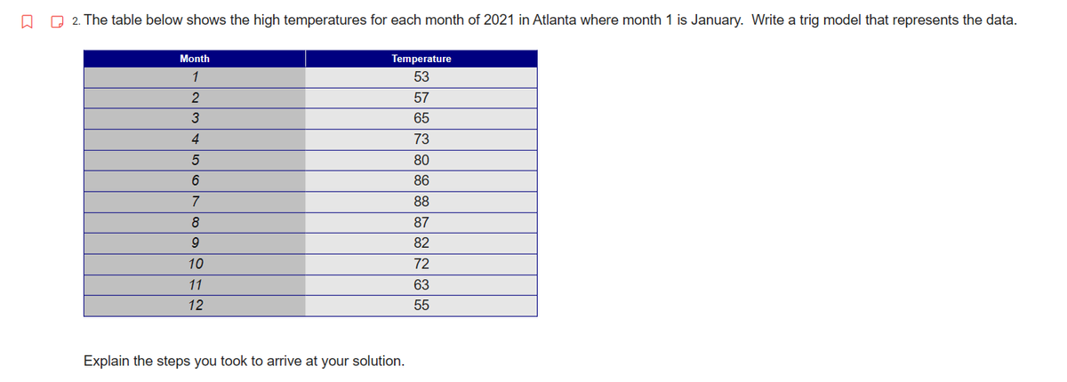 □
2. The table below shows the high temperatures for each month of 2021 in Atlanta where month 1 is January. Write a trig model that represents the data.
Month
1
2
3
4
5
6
7
8
9
10
11
12
Temperature
53
57
65
73
80
86
88
87
82
72
63
55
Explain the steps you took to arrive at your solution.