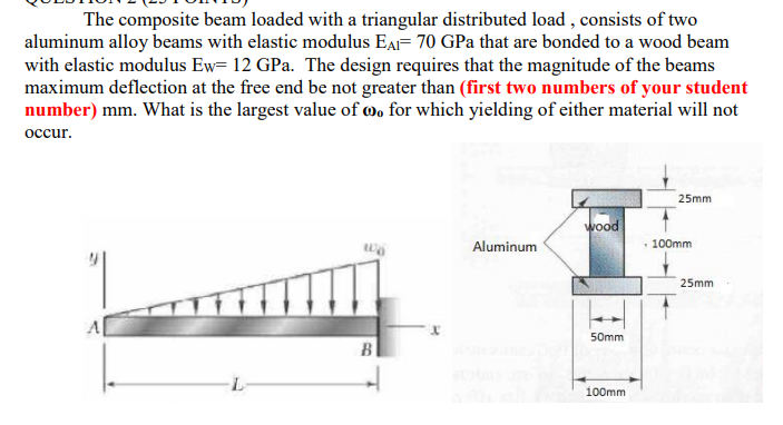 The composite beam loaded with a triangular distributed load , consists of two
aluminum alloy beams with elastic modulus EAI= 70 GPa that are bonded to a wood beam
with elastic modulus Ew= 12 GPa. The design requires that the magnitude of the beams
maximum deflection at the free end be not greater than (first two numbers of your student
number) mm. What is the largest value of wo for which yielding of either material will not
осcur.
25mm
wood
Aluminum
100mm
25mm
50mm
B
100mm
