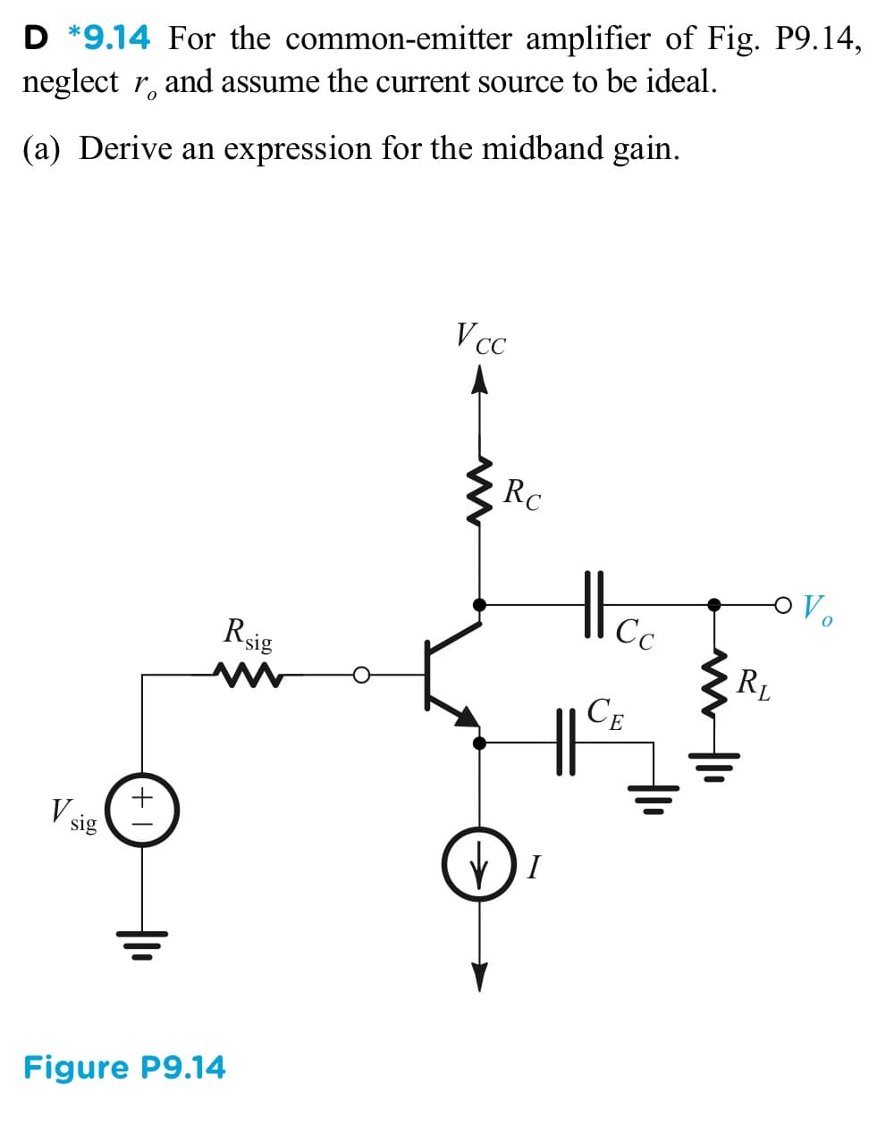 D *9.14 For the common-emitter amplifier of Fig. P9.14,
neglect r, and assume the current source to be ideal.
(a) Derive an expression for the midband gain.
Vcc
Rc
Vo
Сс
Rsig
RL
CE
V sig
I
Figure P9.14
