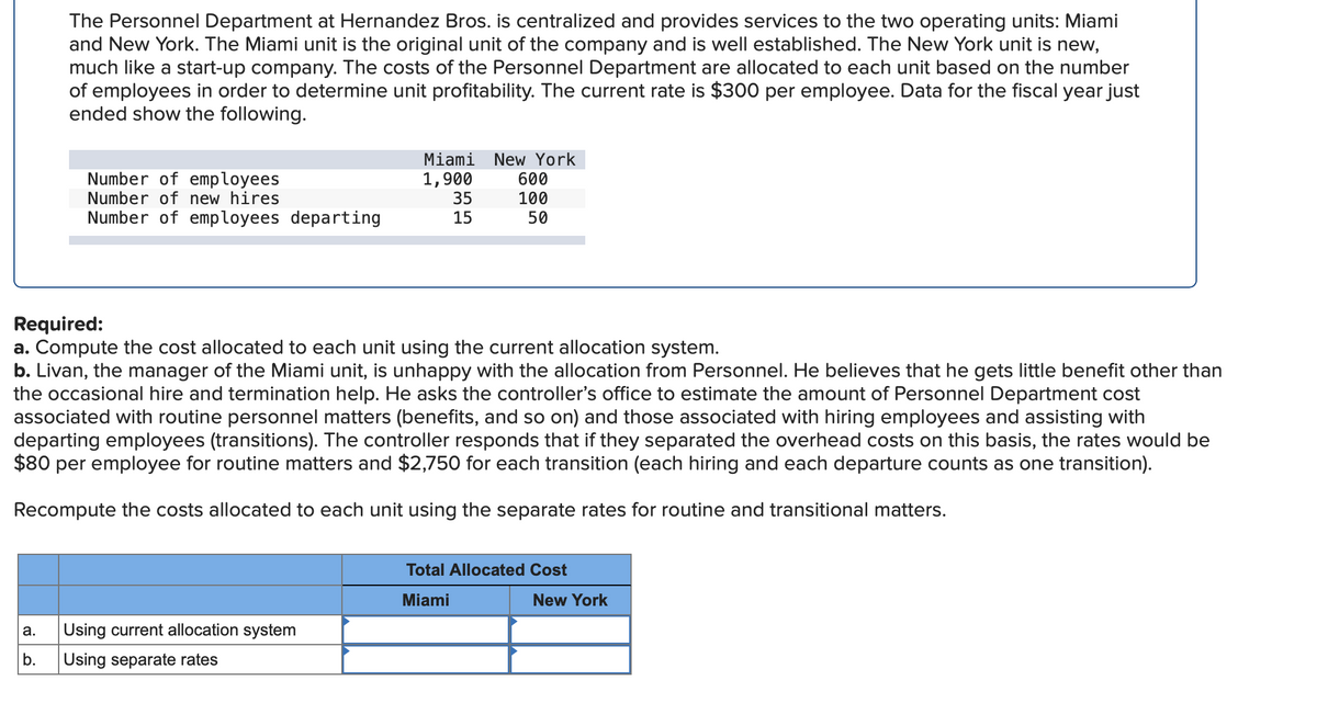 The Personnel Department at Hernandez Bros. is centralized and provides services to the two operating units: Miami
and New York. The Miami unit is the original unit of the company and is well established. The New York unit is new,
much like a start-up company. The costs of the Personnel Department are allocated to each unit based on the number
of employees in order to determine unit profitability. The current rate is $300 per employee. Data for the fiscal year just
ended show the following.
Miami New York
600
Number of employees
1,900
35
Number of new hires
100
50
Number of employees departing
15
Required:
a. Compute the cost allocated to each unit using the current allocation system.
b. Livan, the manager of the Miami unit, is unhappy with the allocation from Personnel. He believes that he gets little benefit other than
the occasional hire and termination help. He asks the controller's office to estimate the amount of Personnel Department cost
associated with routine personnel matters (benefits, and so on) and those associated with hiring employees and assisting with
departing employees (transitions). The controller responds that if they separated the overhead costs on this basis, the rates would be
$80 per employee for routine matters and $2,750 for each transition (each hiring and each departure counts as one transition).
Recompute the costs allocated to each unit using the separate rates for routine and transitional matters.
Total Allocated Cost
Miami
New York
а.
Using current allocation system
b.
Using separate rates
