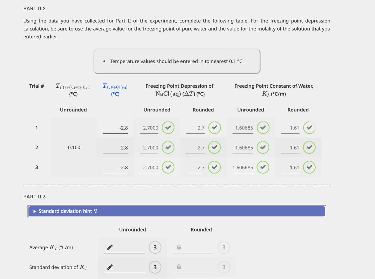 PART 11.2
Using the data you have collected for Part II of the experiment, complete the following table. For the freezing point depression
calculation, be sure to use the average value for the freezing point of pure water and the value for the molality of the solution that you
entered earlier.
Trial #
1
2
3
PART 11.3
Tf (ave), pure H₂O
(°C)
Unrounded
-0.100
► Standard deviation hint ?
Average Kf (°C/m)
Standard deviation of Kf
• Temperature values should be entered in to nearest 0.1 °C.
Tf, NaCl (aq)
(°C)
-2.8
-2.8
-2.8
Freezing Point Depression of
NaCl(aq) (AT) (°C)
Unrounded
2.7000
2.7000
2.7000
Unrounded
3
3
Rounded
2.7
2.7
2.7
Rounded
3
3
Freezing Point Constant of Water,
Kf (°C/m)
Unrounded
1.60685
1.60685
1.606685
Rounded
1.61
1.61
1.61