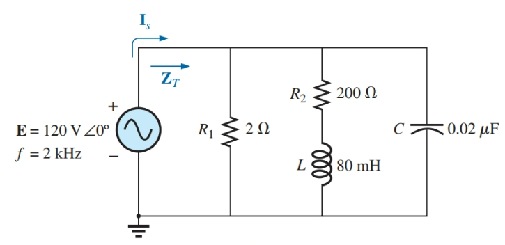 +
E = 120 V 20⁰
f = 2 kHz
S
4₁₁
ZT
R₁
202
R2
L
ell
200 Ω
80 mH
C
0.02 μF