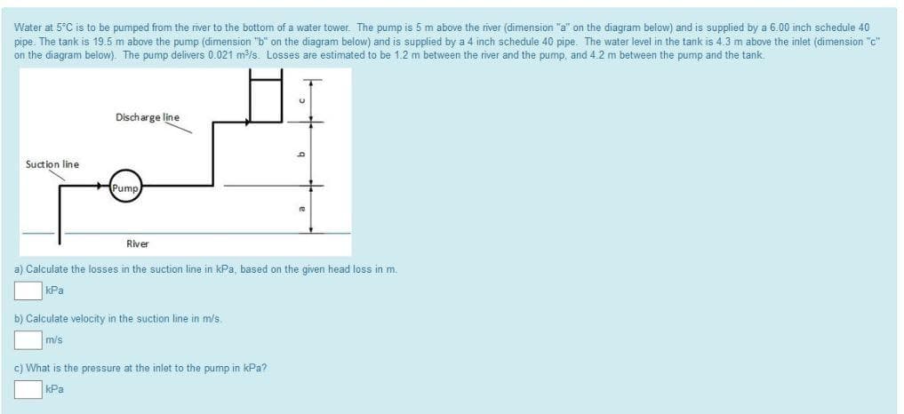 Water at 5°C is to be pumped from the river to the bottom of a water tower. The pump is 5 m above the river (dimension "a" on the diagram below) and is supplied by a 6.00 inch schedule 40
pipe. The tank is 19.5 m above the pump (dimension "b" on the diagram below) and is supplied by a 4 inch schedule 40 pipe. The water level in the tank is 4.3 m above the inlet (dimension "c"
on the diagram below). The pump delivers 0.021 m/s. Losses are estimated to be 1.2 m between the river and the pump, and 4.2 m between the pump and the tank.
Discharge line
Suction line
Pump
River
a) Calculate the losses in the suction line in kPa, based on the given head loss in m.
kPa
b) Calculate velocity in the suction line in m/s.
m/s
c) What is the pressure at the inlet to the pump in kPa?
kPa
