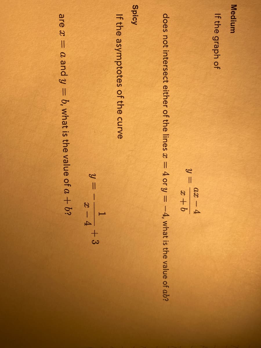 Medium
If the graph of
ax - 4
x + b
does not intersect either of the lines x = 4 or y = -4, what is the value of ab?
Spicy
If the asymptotes of the curve
y =
1
x-4
are x = a and y = b, what is the value of a + b?
y =
-
+3