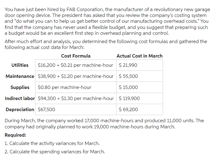 You have just been hired by FAB Corporation, the manufacturer of a revolutionary new garage
door opening device. The president has asked that you review the company's costing system
and "do what you can to help us get better control of our manufacturing overhead costs." You
find that the company has never used a flexible budget, and you suggest that preparing such
a budget would be an excellent first step in overhead planning and control.
After much effort and analysis, you determined the following cost formulas and gathered the
following actual cost data for March:
Cost Formula
Utilities $16,200 + $0.21 per machine-hour
Maintenance $38,900 + $1.20 per machine-hour
Supplies $0.80 per machine-hour
Indirect labor $94,300 + $1.30 per machine-hour
Depreciation $67,500
Actual Cost in March
$ 21,990
$ 55,500
$ 15,000
$ 119,900
$ 69,200
During March, the company worked 17,000 machine-hours and produced 11,000 units. The
company had originally planned to work 19,000 machine-hours during March.
Required:
1. Calculate the activity variances for March.
2. Calculate the spending variances for March.