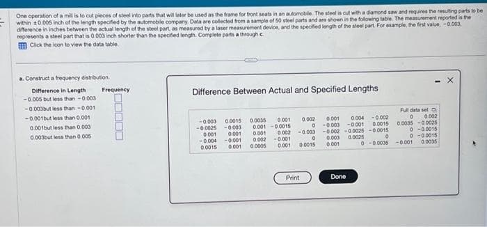 One operation of a mill is to cut pieces of steel into parts that will later be used as the frame for front seats in an automobile. The steel is cut with a diamond saw and requires the resulting parts to be
within 10.005 inch of the length specified by the automobile company. Data are collected from a sample of 50 steel parts and are shown in the following table. The measurement reported is the
difference in inches between the actual length of the steel part, as measured by a laser measurement device, and the specified length of the steel part. For example, the first value, -0.003,
represents a steel part that is 0.003 inch shorter than the specified length. Complete parts a through c
Click the icon to view the data table.
a. Construct a frequency distribution
Difference in Length
-0.005 but less than -0.003:
-0.003but less than -0.001
-0.001but less than 0.001
0.001but less than 0.003
0.003but less than 0.005
Frequency
Difference Between Actual and Specified Lengths
0.002
0
-0.003
-0.0025
0.001
0.0015 0.0035
-0.003 0.001 -0.0015
0.001
0.001
0.001 0.002 -0.003
0
0.002 -0.001
-0.004 -0.001
0.0015 0.001 0.0005
0.001 0.0015
Print
0.001 0.004 -0.002
-0.003 -0.001 0.0015
-0.002 -0.0025 -0.0015
0.003
0
0.0025
0-0.0035
0.001
Done
Full data set o
0 0.002
0.0035 -0.0025
0-0.0015
0 -0.0015
-0.001 0.0035